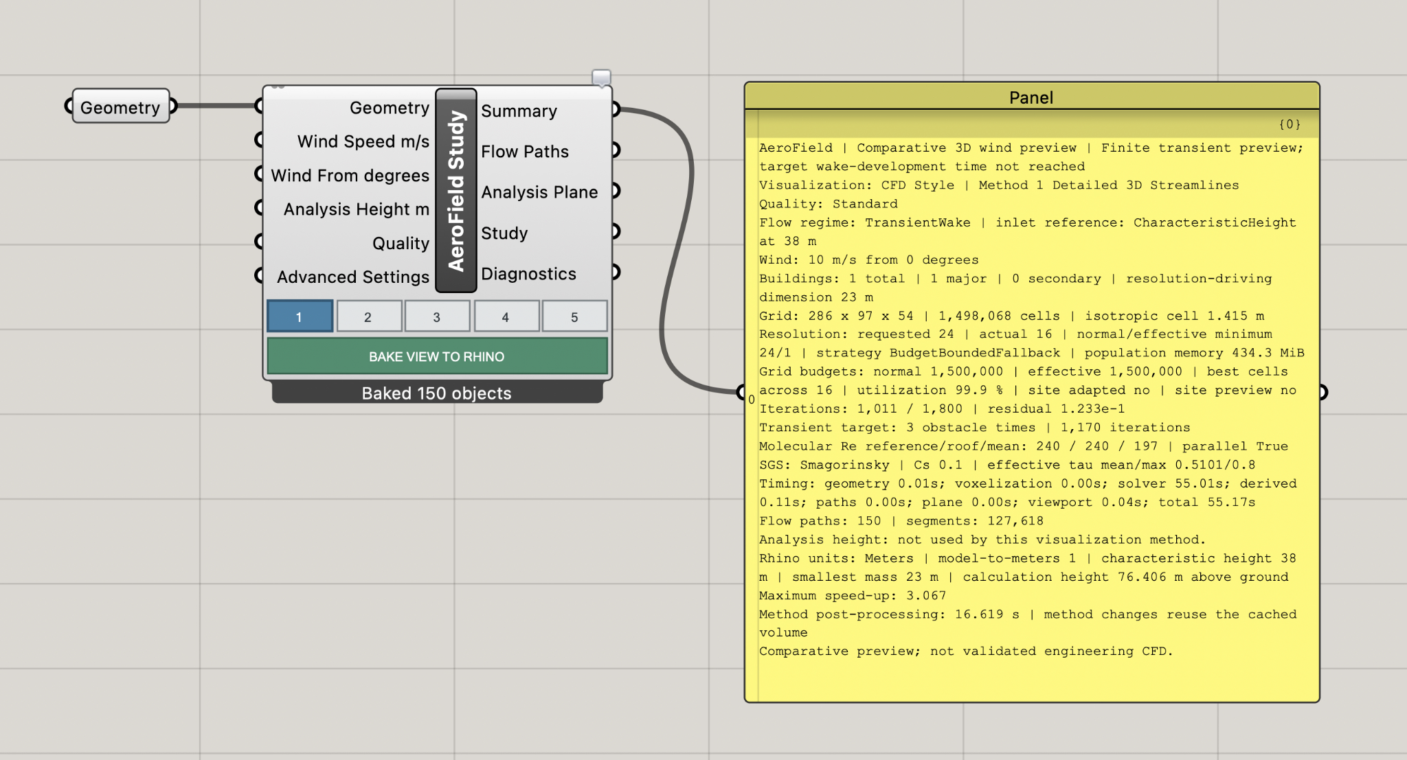 AeroField Summary output connected to a Grasshopper panel