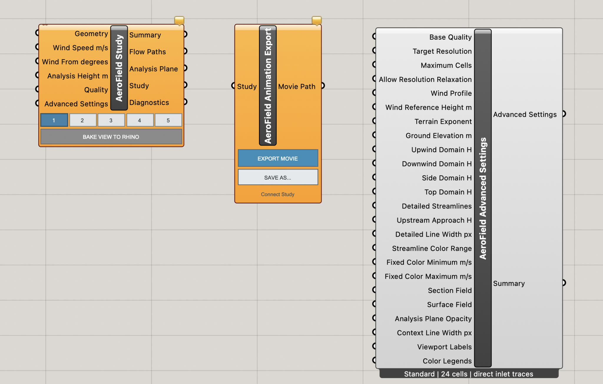 AeroField Study, Flow-field animation, and Numerical and domain controls components in Grasshopper